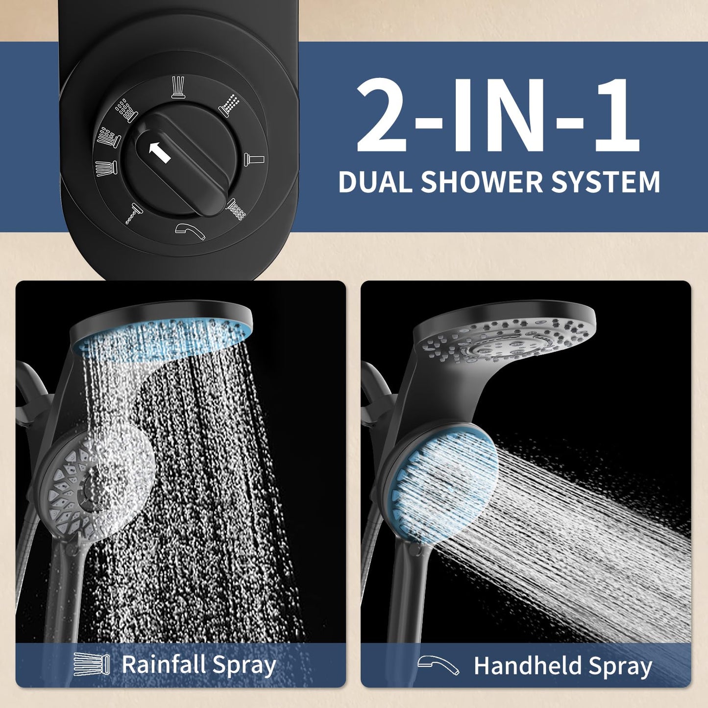 KAIYING Magnetic Rain Shower Head with Handheld Spray Combo, High Pressure Magnetix Dual Shower Head with 9 Spray Modes, Bathroom Big Modern Waterfall Showerhead with 5 Settings (Matte Black)
