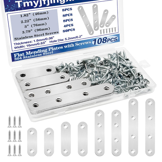 Tmyjfjingxi 108PCS 4Sizes Flat Metal Brace Brackets Mending Plates for Wood Stainless Steel Bracket Plate with Holes (46mm/56mm/76mm/96mm)