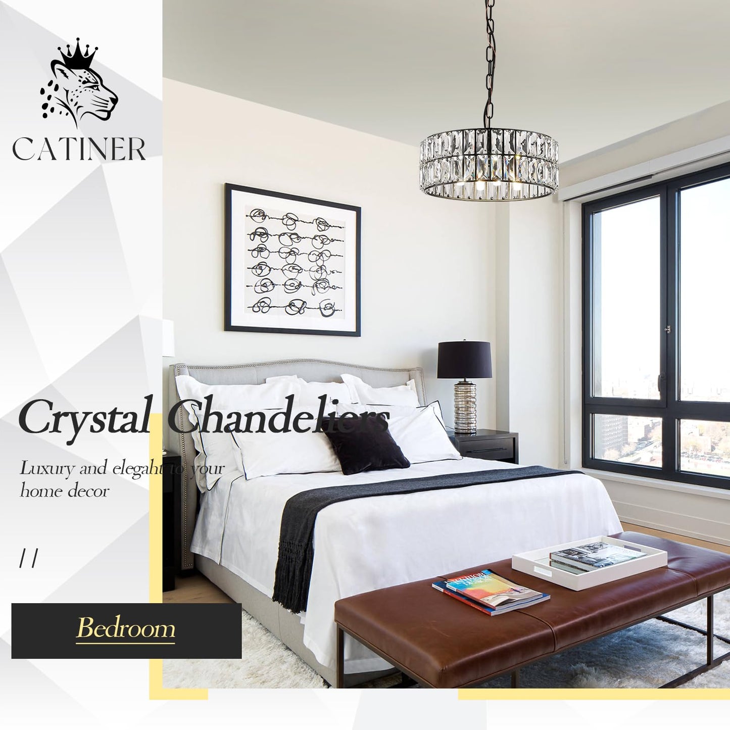 CATINER Crystal Pendant Light 4-Light Modern Black Chandelier Small 12” Crystal Semi Flush Mount Ceiling Light Round for Kitchen Island Foyer Hallway