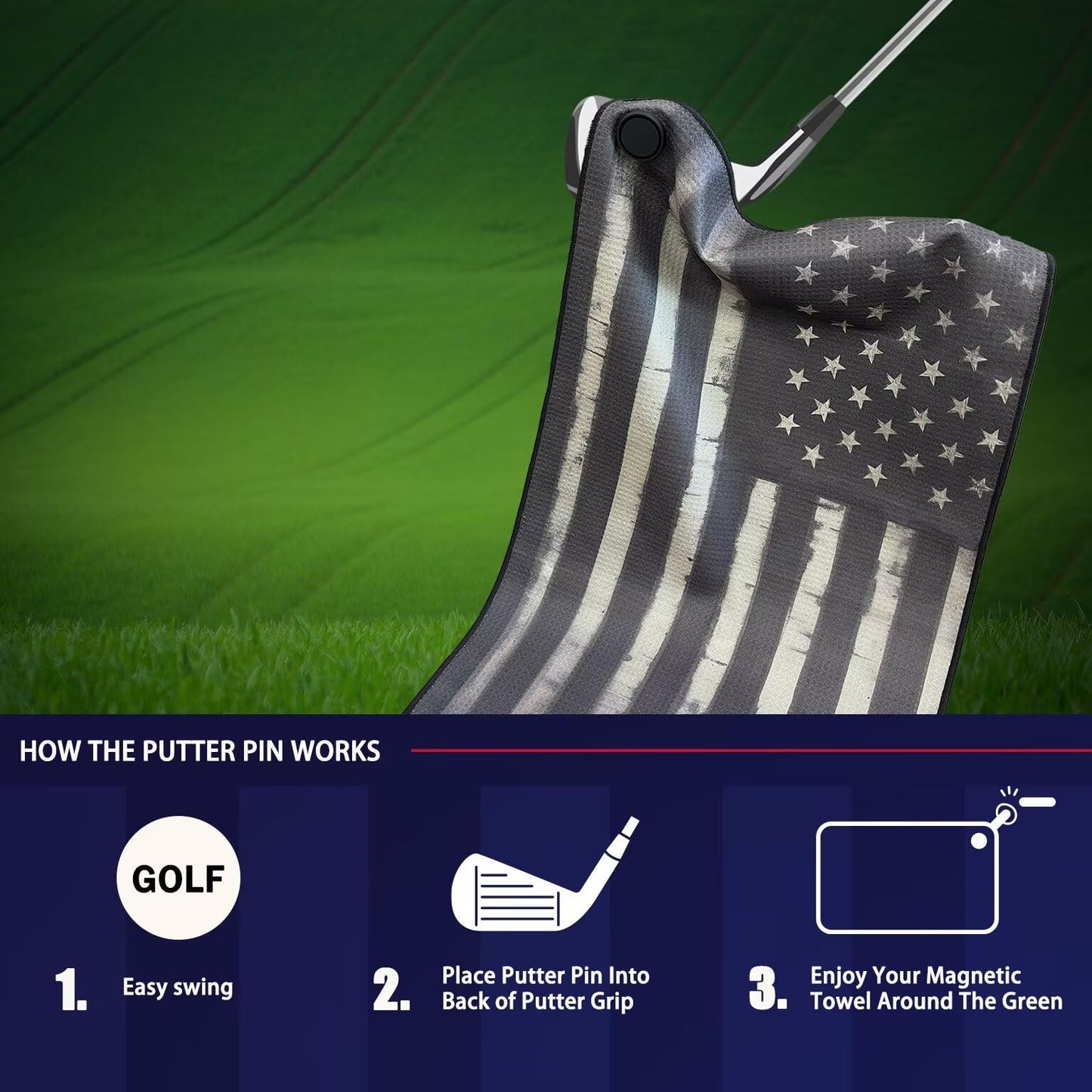 FCYDMN Magnetic Black American Flag Golf Towel 24×16 Inches Golf Towels for Golf Bags with Magnet and Carabiner Clip