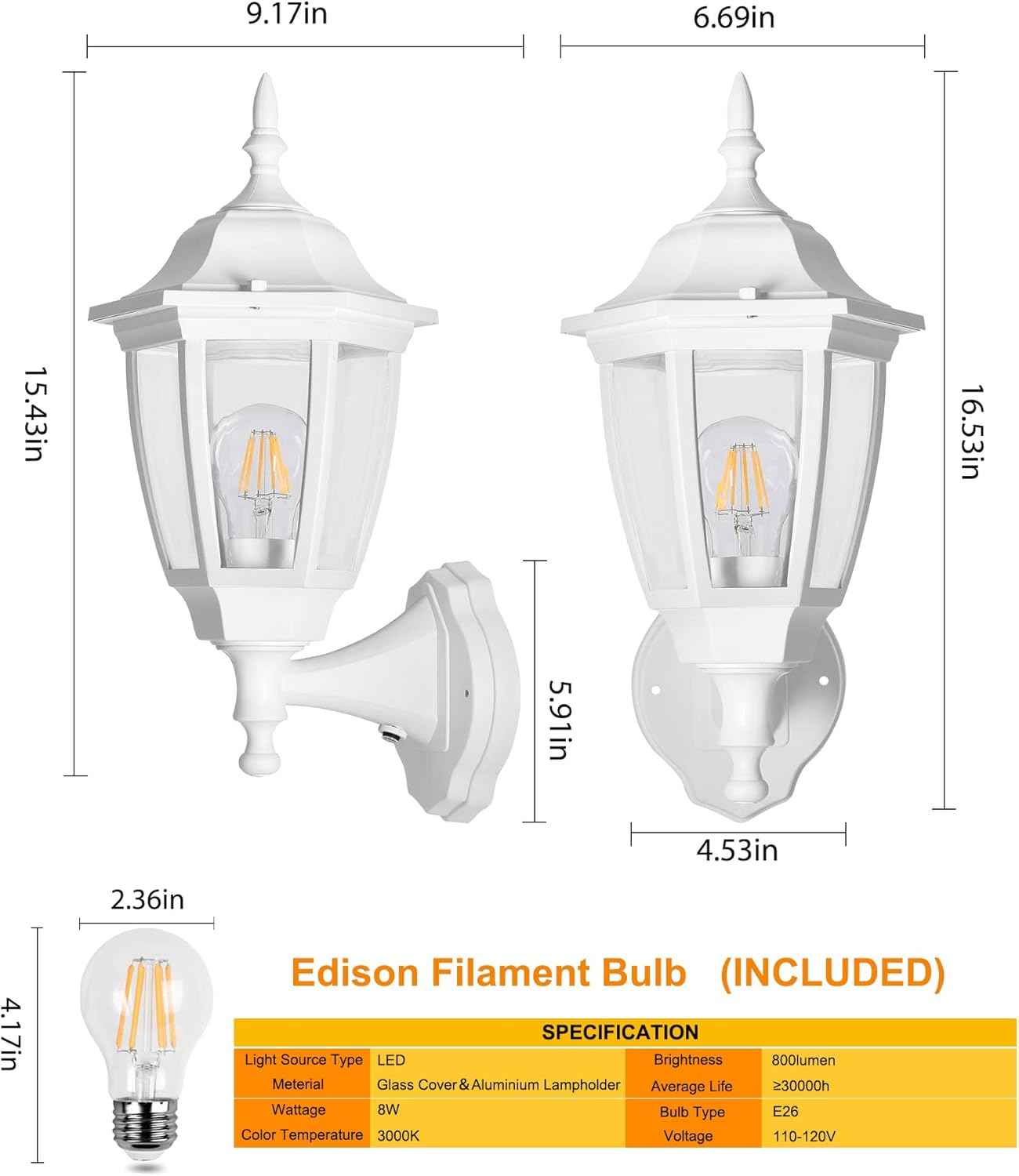 Outdoor Wall Light with Dusk to Dawn Sensor - 2-Pack LED Lanterns for Porch & Garage