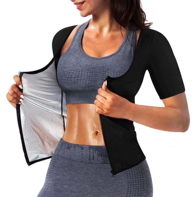QZSH Women Sauna T-Shirt Sweat Vest Heat Trapping Suit Slimming Tank Top Zipper,Armpit Mesh(TBH6005-07-XXXL)