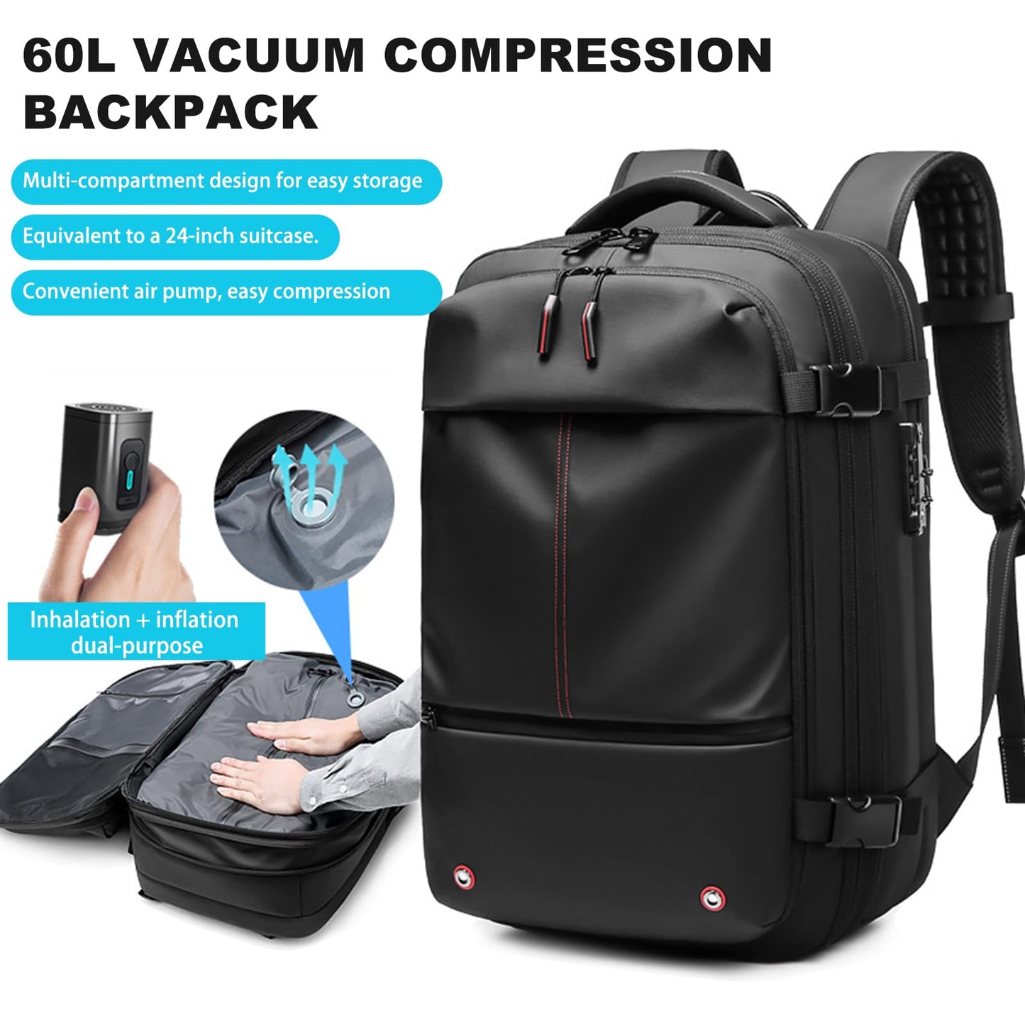 Vacuum Vacpack Backpack for Travel with Pump (Black)