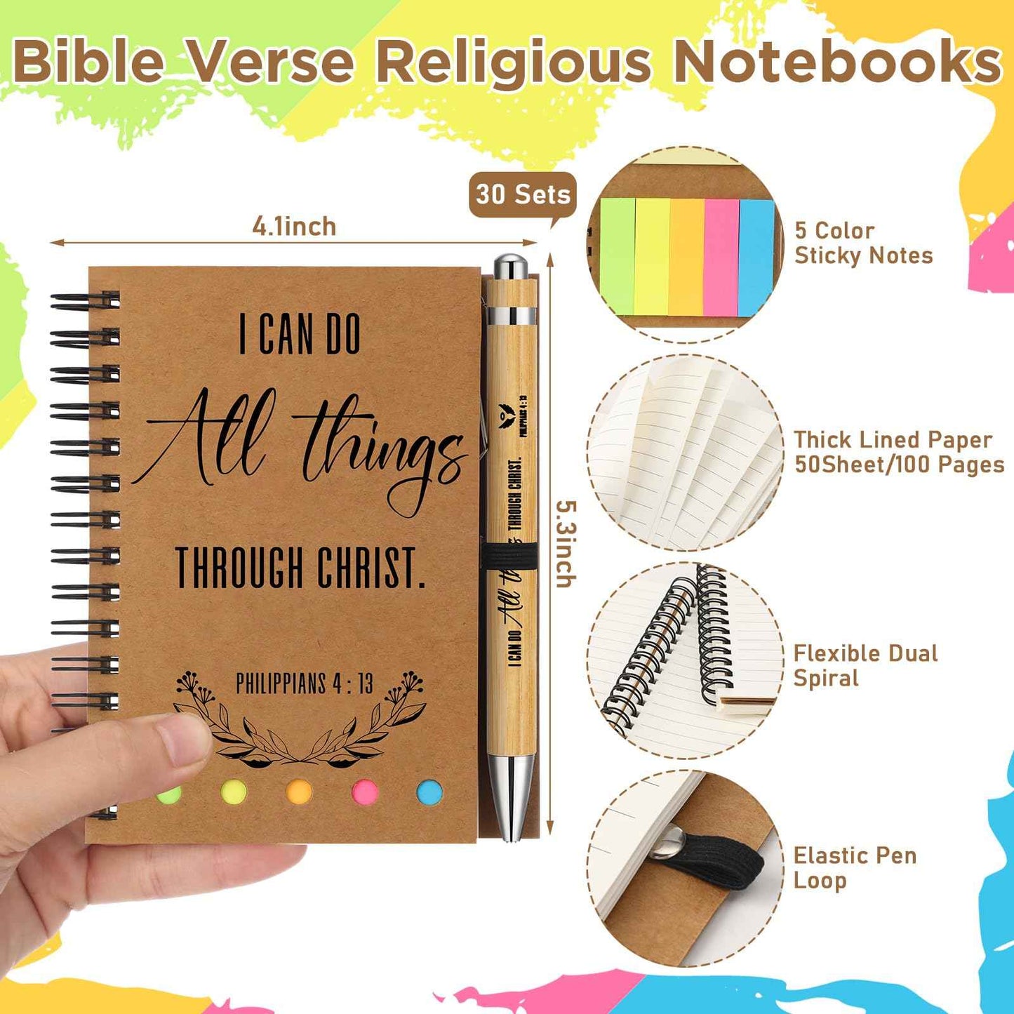 Spakon 60 Pcs/ 30 Set Christmas Christian Gifts Bulk Bible Notebooks with Sticky Notes Ballpoint Pen Prayer Journals for Men Women Church Employee Pastor Appreciation VBS Inspiration Gifts(Kraft)