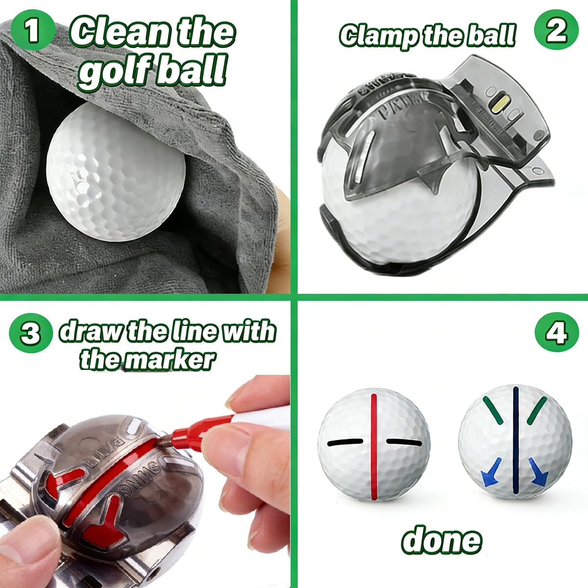 Alinfu Golf Ball Line Marker Tool, 4pcs 360° Golf Ball Marker Stencil with 4 Colors Golf Ball Markers, Golf Ball Alignment Drawing Marking Tool with a Organizer Case (Grey+Green)