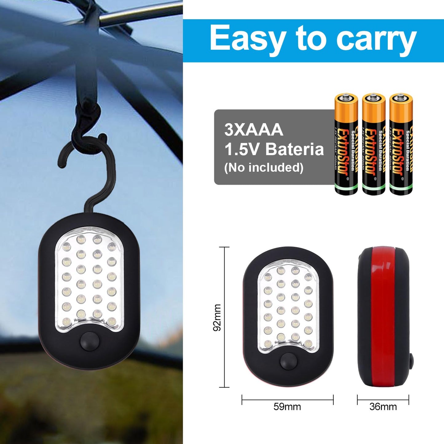 EXTRASTAR 3-in-1 LED Camping Light, Magnetic Work Light, Flashlight with Hook,120 Lumen. 2 Light Modes, Water Resistant, Battery Powered Light for Outdoor, Emergency, Garage, 2PCS