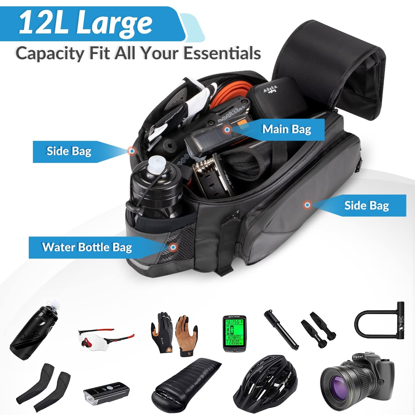 WOTOW Rear Bike Rack Bag, 12L Waterproof Reflective Bike Ebike Saddle Trunk Bag, Bicycle Panniers Rear Basket Storage Bag with Water Bottle Holder Shoulder Strap for MTB E Bike Commuter Travel
