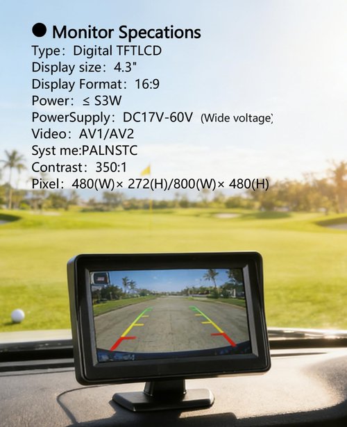 Golf Cart Reverse Camera, Waterproof Golf Cart Backup Rear View Camera with 4.3" 16:9 Monitor for Club Car EZGO Yamaha UTV, Direct 17-60V Battery Hookup, No-Drill Installation Golf Cart Accessories