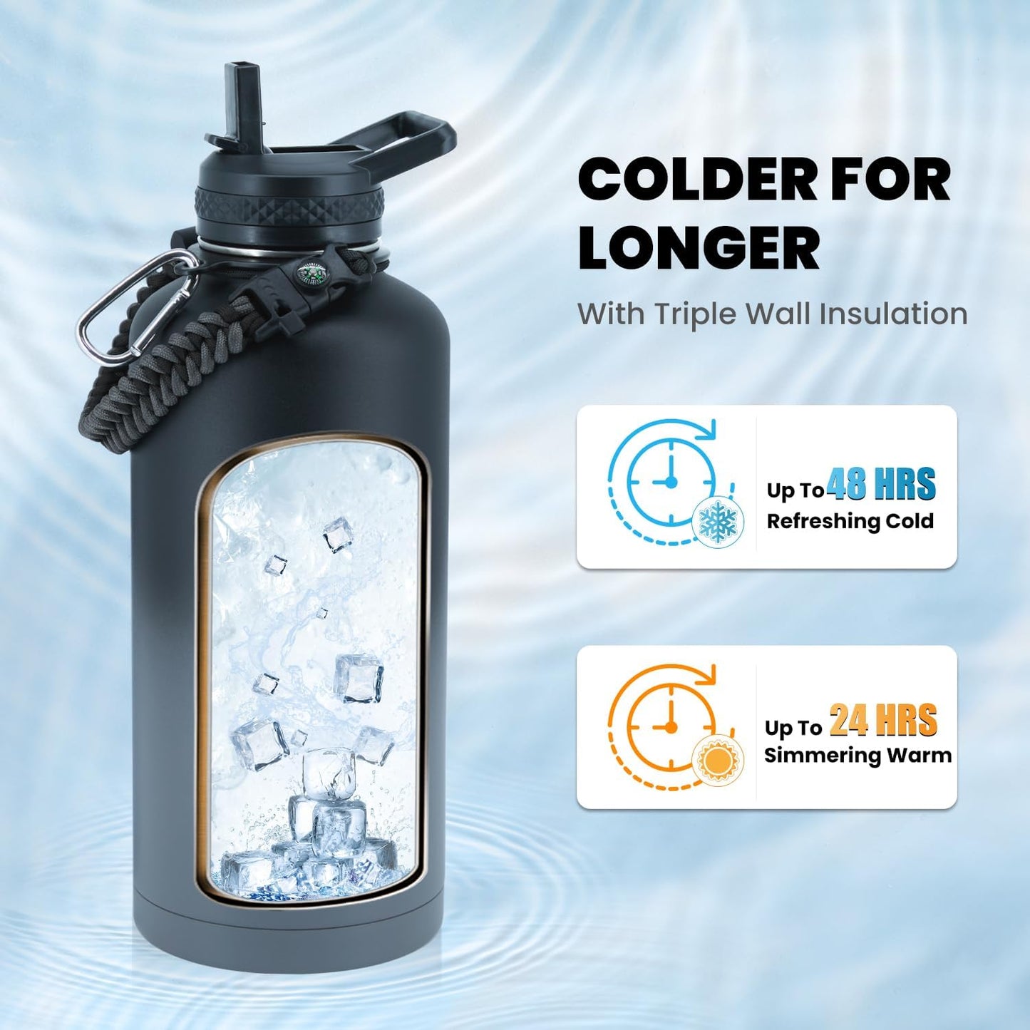 RAYMYLO Insulated Water Bottle - 87 oz Triple Wall Vacuum Stainless Steel | Keeps Drinks Cold for 48 Hrs, Leak Proof, Dark Grey