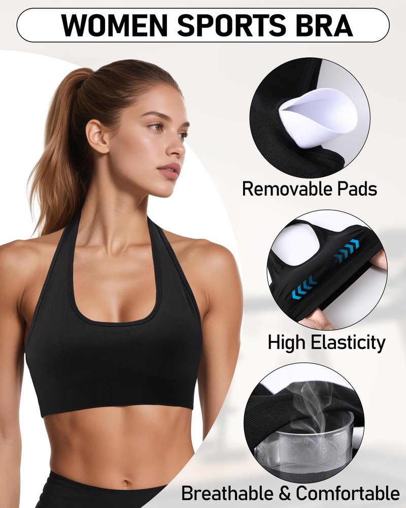 iMuchic Halter Sports Bra for Women - Seamless Open Back Padded Impact Halter Bras for Women with Removable Cups