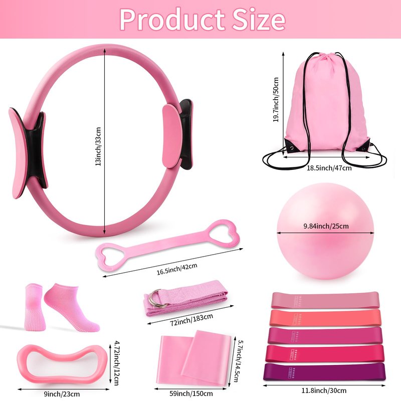 SirDone Pilates Kit for Women, Pilates Equipment for Home Workouts, 13-Piece Pilates Essentials Kit with Pilates Ring and Ball Set, Socks, Figure‑8 Exercise Band, 5-Level Resistance Bands, Bag(Pink)