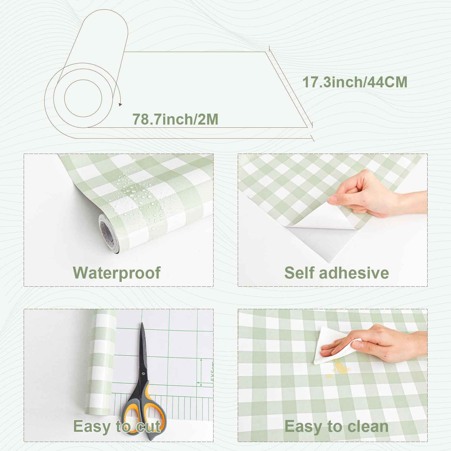 Cohoo Home Green Plaid Peel and Stick Wallpaper Boho Plaid Contact Paper for Cabinet Green Checkered Geinham Contact Paper Self Adhesive Removable Wallpaper Bathroom Nursery Waterproof 17.3inW 197inL