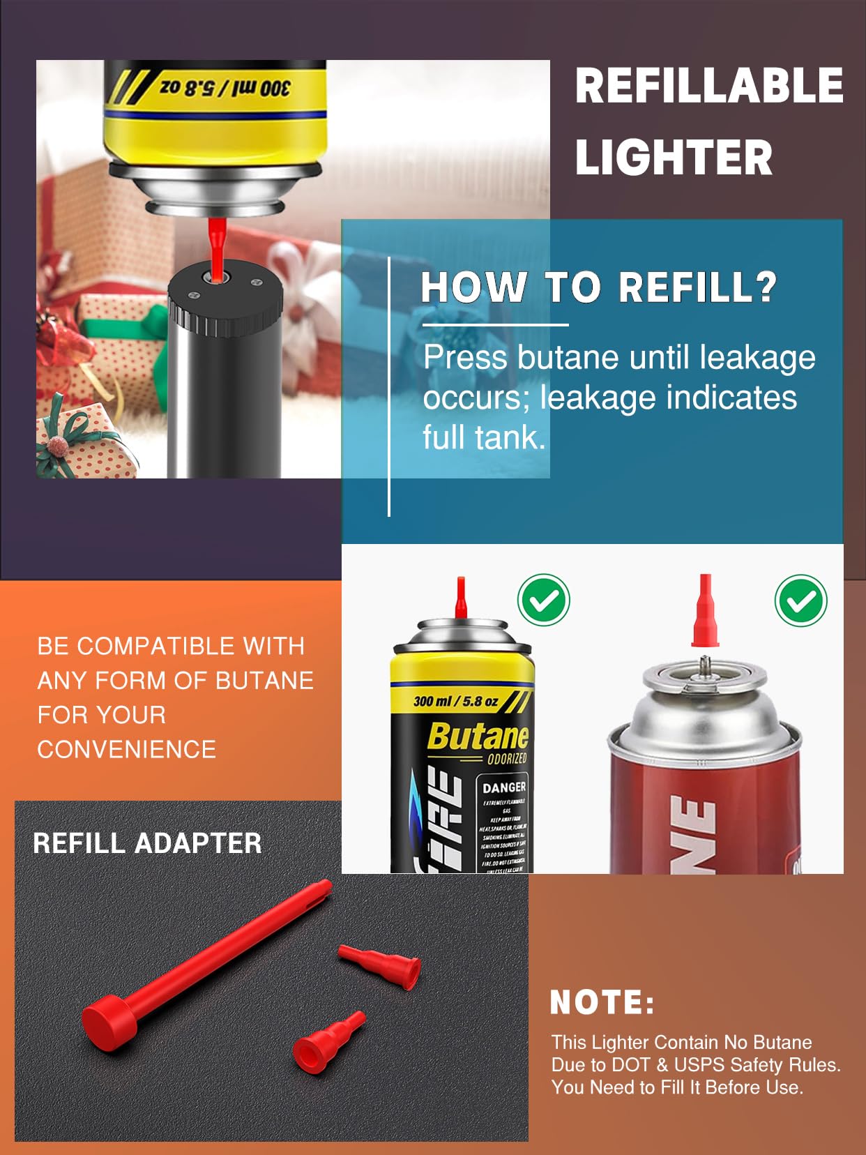 Windproof Torch Lighter Butane Refillable Jet Flame Butane Lighter for Cooking Fireplace Camping BBQ Lighters Gift for Man (Without Fuel) Black