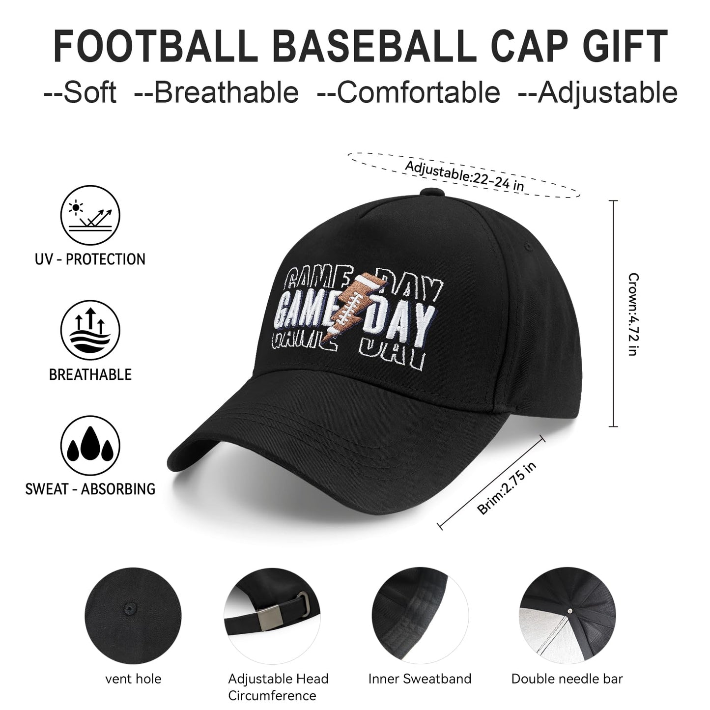 E-Profina Football Hat, Rugby Gifts for Women Embroidery Adjustable Size Game Day Baseball Cap Black