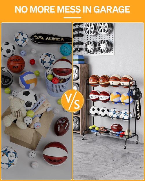 EXTCCT Basketball Rack - Rolling Training Stand with Wheels | Four-Layer Organizer for Basketballs, Footballs, Volleyballs