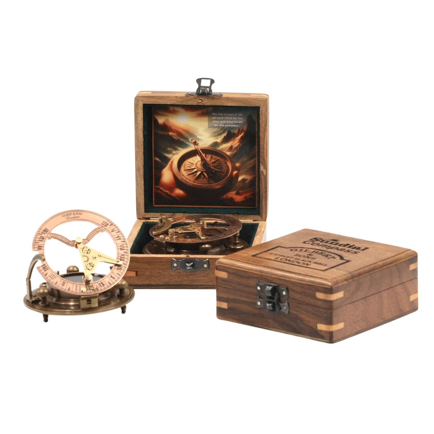 Gilbert and Sons Antique Brass Sundial Compass with Engraved Wooden Case