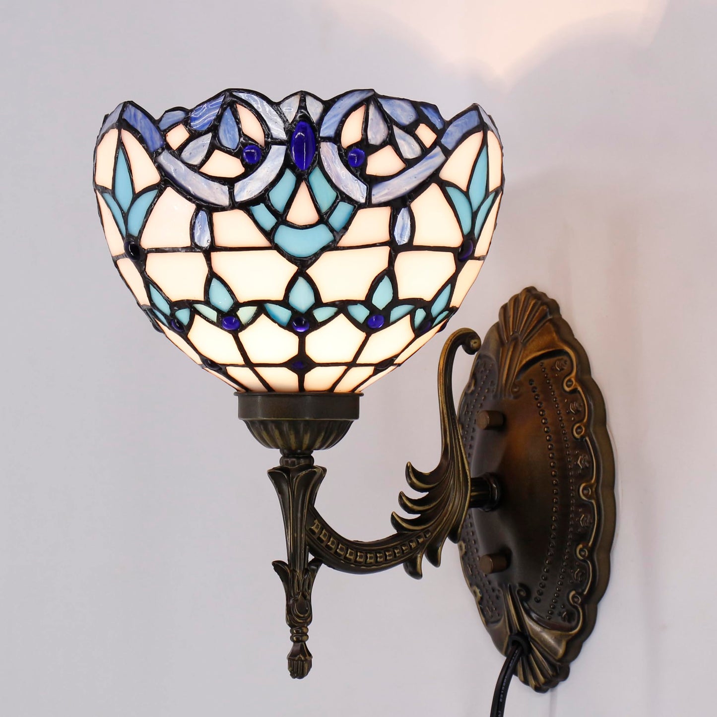 Tiffany Wall Sconce Lamp Stained Glass 8X10.5X11 Inch Plug in Wall Bedside Light for Hallway Bedroom (White Blue Baroque Style)