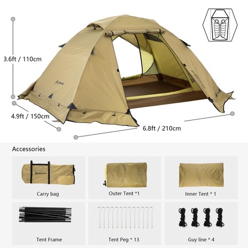 BISINNA 4 Season Tent for Backpacking Winter Tents 2 Person Lightweight Cold Weather Tents Waterproof Double Layer All Season Tent Aluminum Alloy Poles Easy Set Up for Camping, Hiking, Outdoor (Brown)