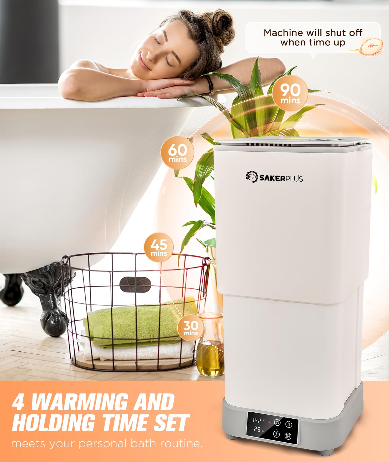 SakerPlus Towel Warmer, 30L Heated Hot Towel Warmer,Large Towel Warmer for Bathroom, Luxury Towel Warmer Bucket with Time Setting, Retractable Portable Towel Warmer for SPA, Home, Countertop, Floor