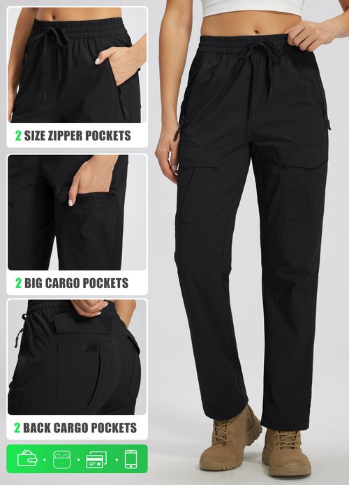 Women's Hiking Pants with Zipper Pockets Quick Dry Water Resistant Elastic Waist Cargo Joggers Lightweight Casual Travel Outdoor Safari Outfits Regular Black M