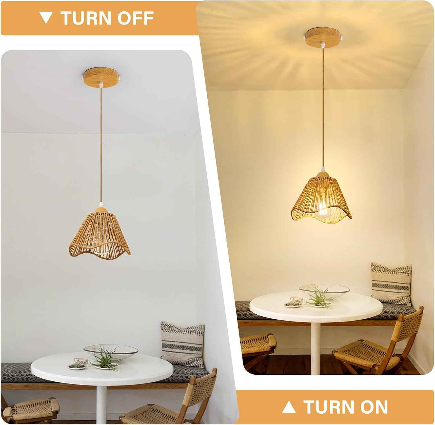 Rattan Chandelier Pendant Lights - 3 Pack Adjustable Height Boho Farmhouse Ceiling Fixtures for Kitchen & Dining Room