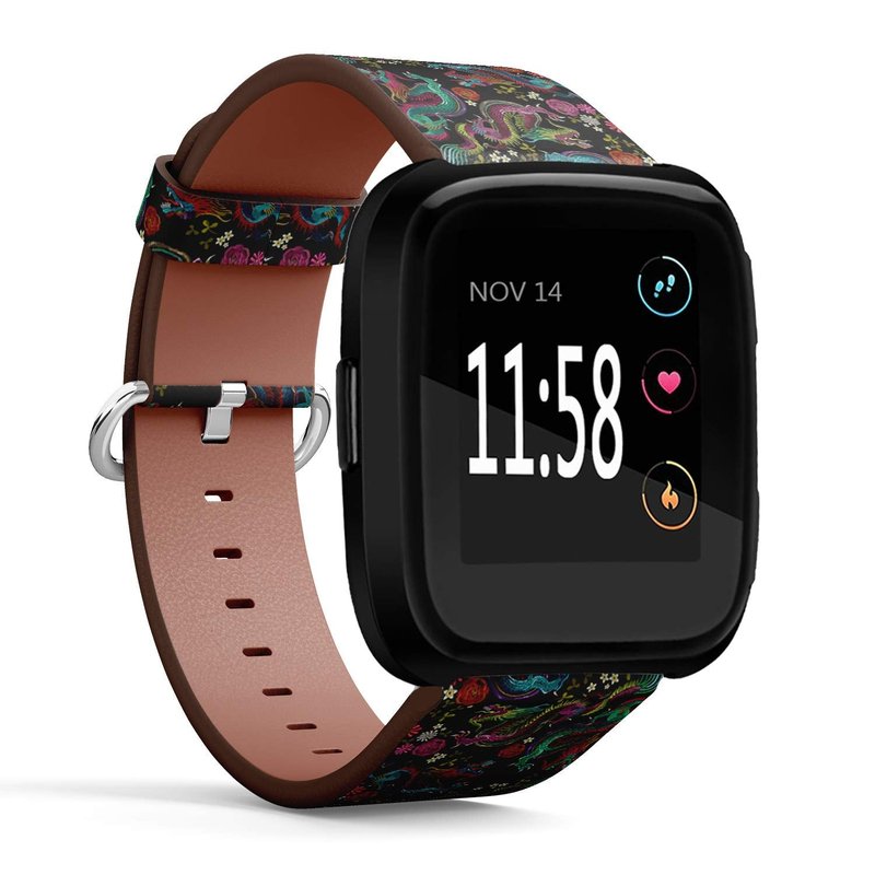 Compatible with Fitbit Versa, Versa 2, Versa Lite - Quick Release Leather Wristband Bracelet Replacement Accessory Band - Broidery Vintage Chinese Dragons Flowers