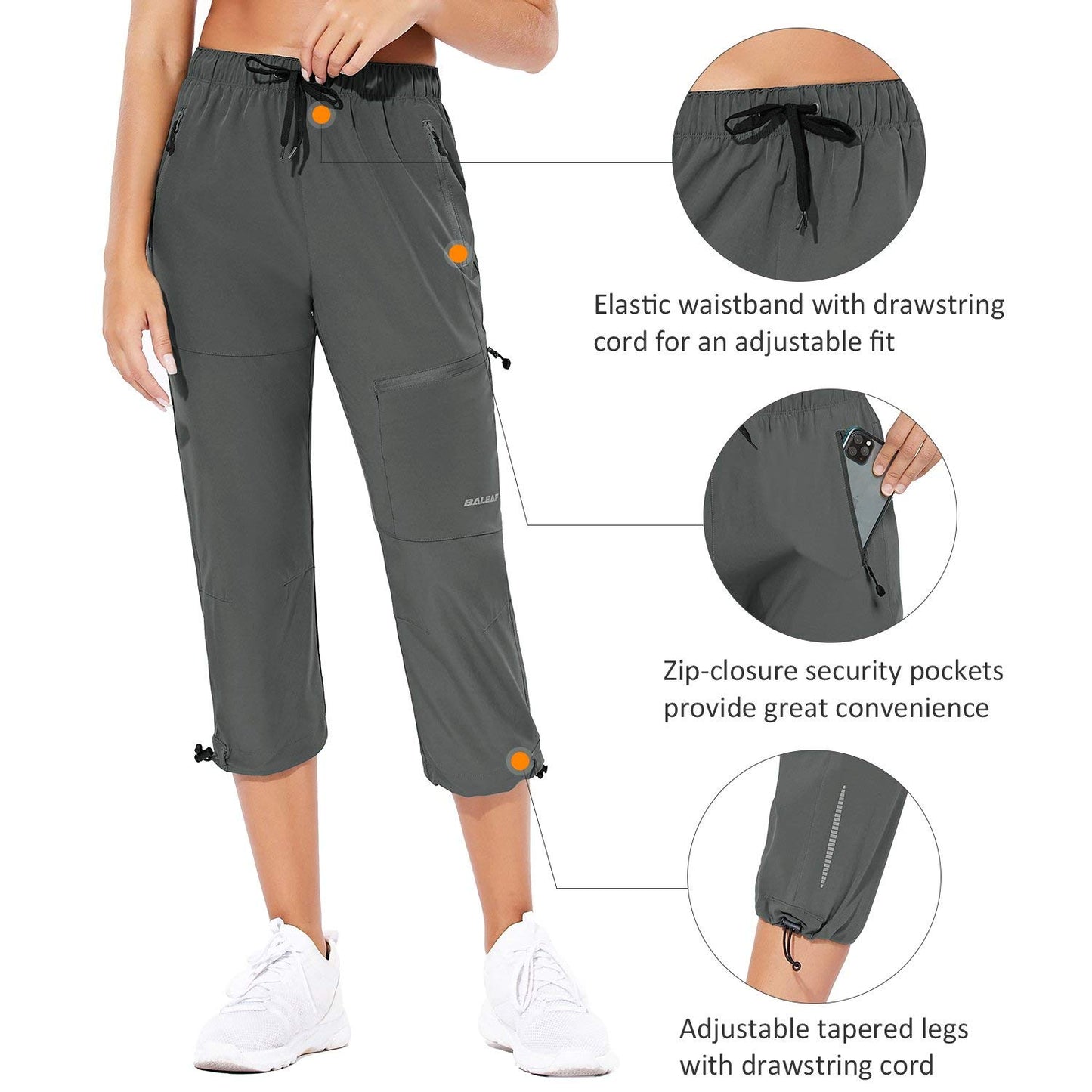 baleaf Women's Hiking Cargo Capris Outdoor Lightweight Water Resistant Pants UPF 50 Zipper Pockets Steel Gray Size L