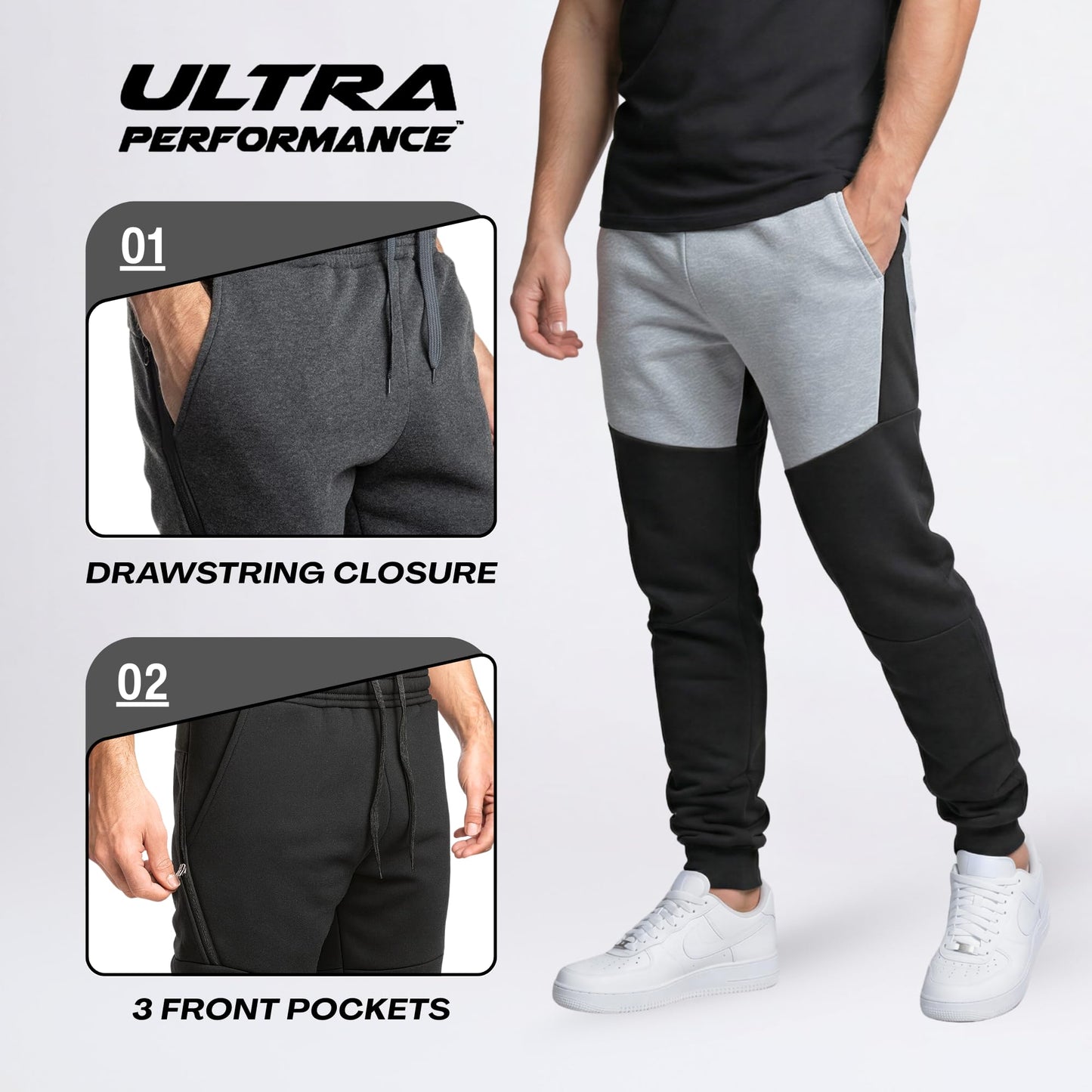 Ultra Performance 3 Pack Fleece Active Tech Joggers for Men, Mens Sweatpants with Zipper Pockets