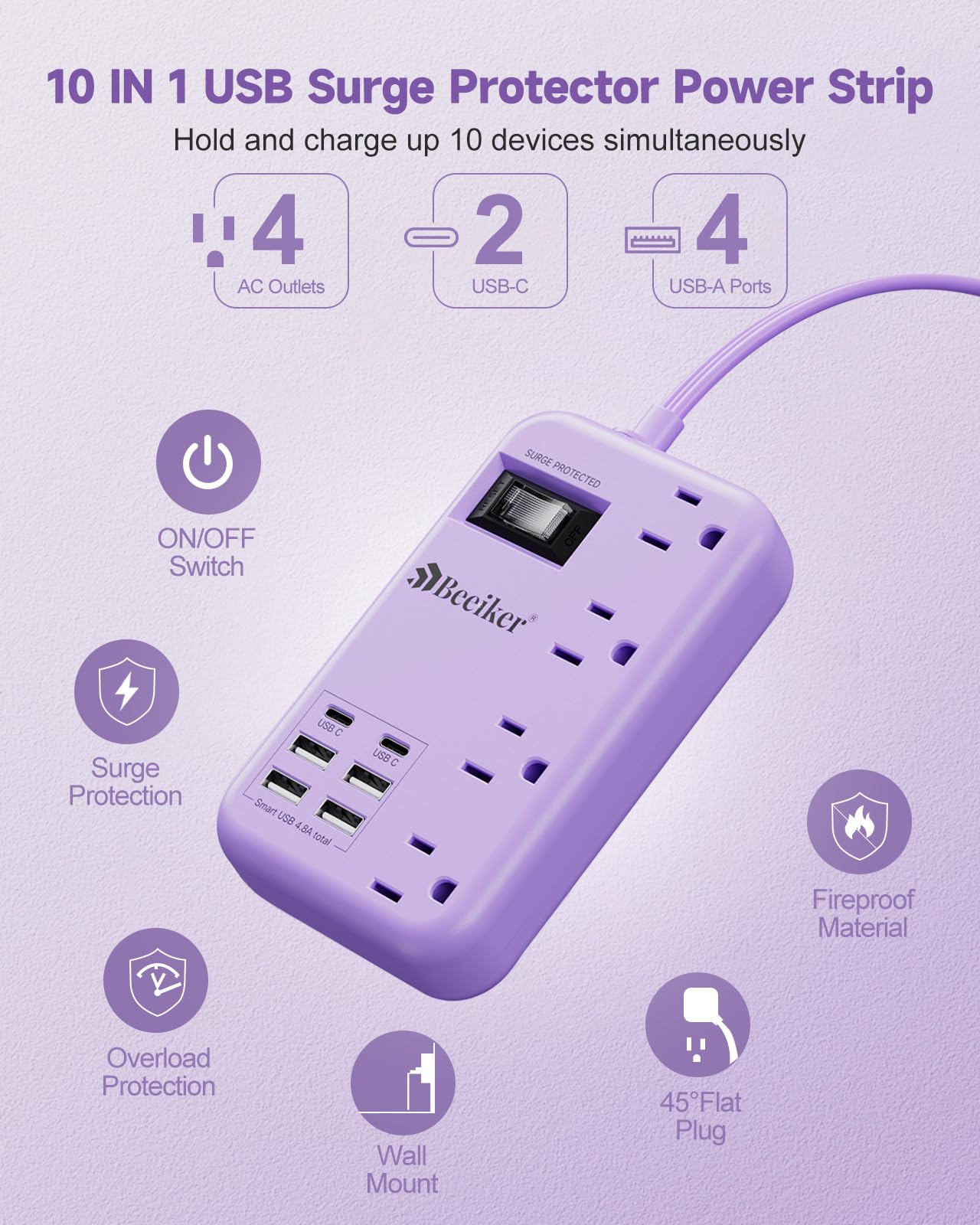 6 USB(2 USB C) Purple Travel Power Strip- 5Ft Lavender Extension Cord with 24W USB Charging Station and 4 Outlets, Purple Desk Accessories with Surge Protector for Cute Kawaii Office Dorm Room