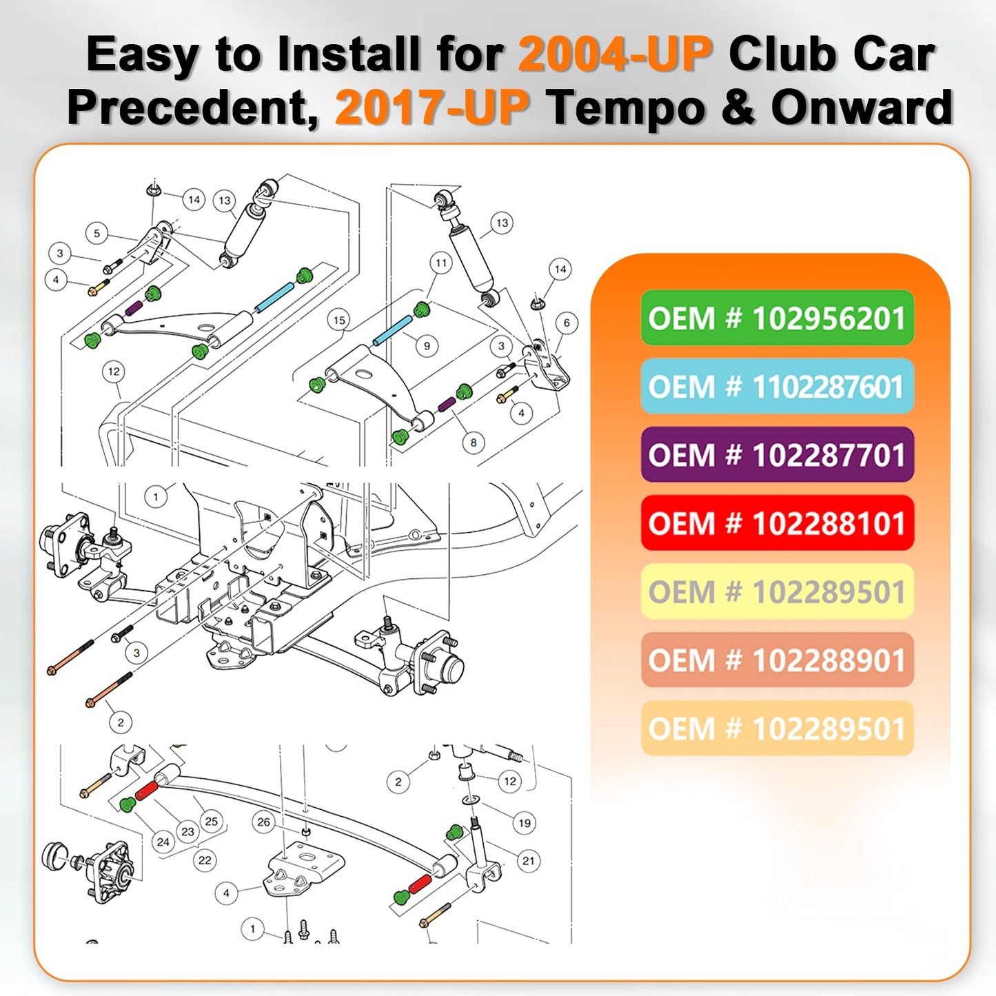 Club Car Precedent Front Bushing Kit with Screws, Golf Cart Front Lower Leaf Spring & Upper A-Arm Polyurethane Bushings and Seamless Sleeves for 2004-Up Club Car Precedent, 2017-Up Tempo & Onward