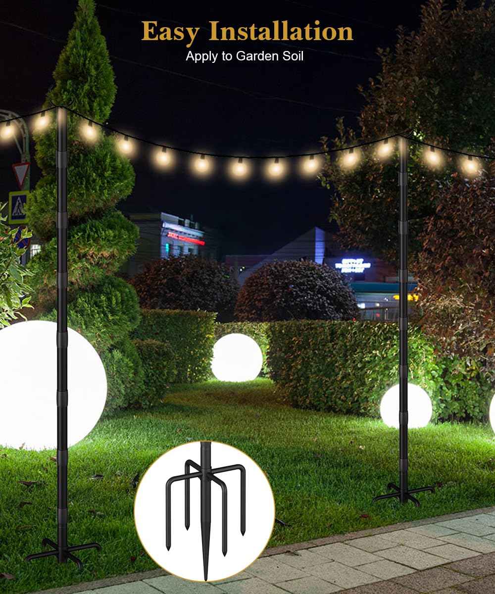 Tigerden 10Ft String Light Poles for Grass & Soil, Outdoor Light Stand with 5-Prong Fork Base, Heavy-Duty Metal Poles for Backyard, Garden & Patio Party Lighting, Rustproof & Adjustable