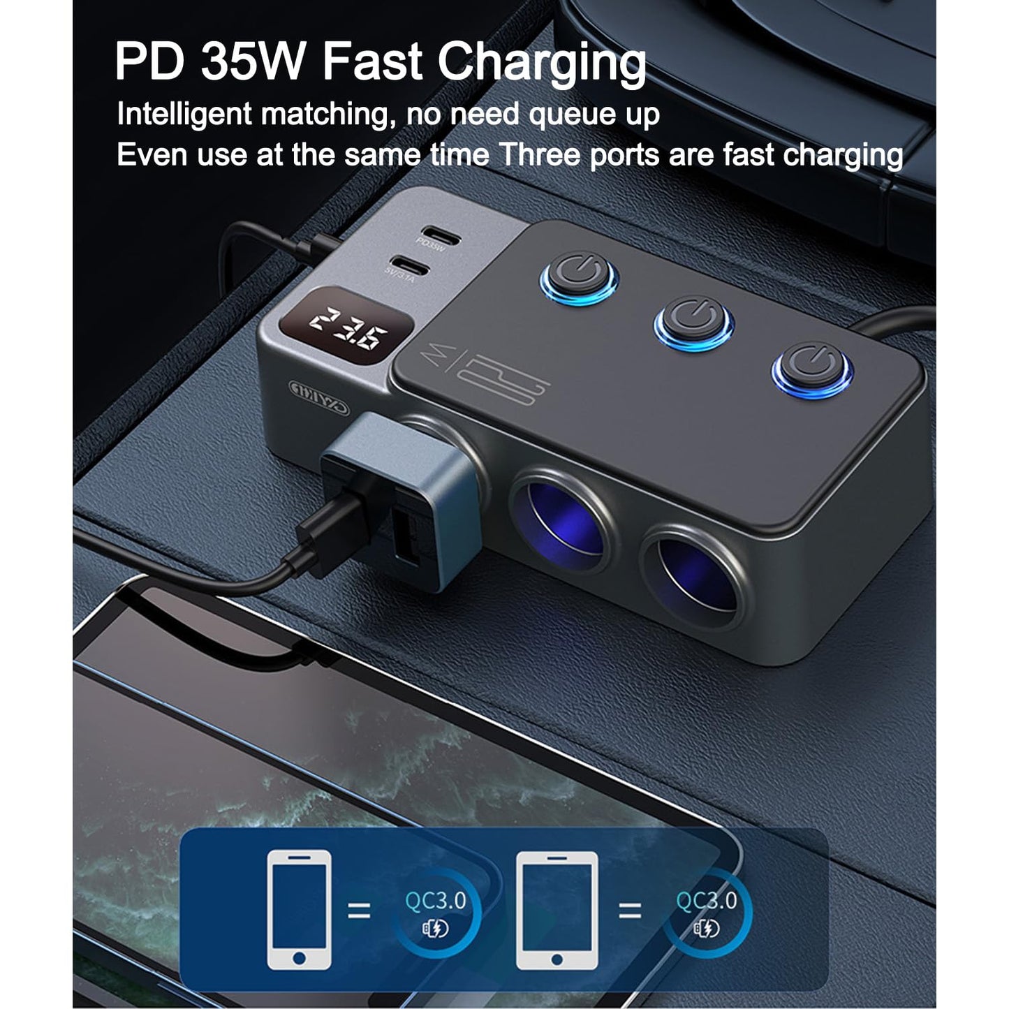 Cigarette Lighter Splitter, 8 in 1 Car Cigarette Lighter Adapter PD 35W Car Charger 3-Socket Heavy Duty Truck Multi Port USB C 12V/24V Independent Switches LED Display Super Fast Charger Car Devices