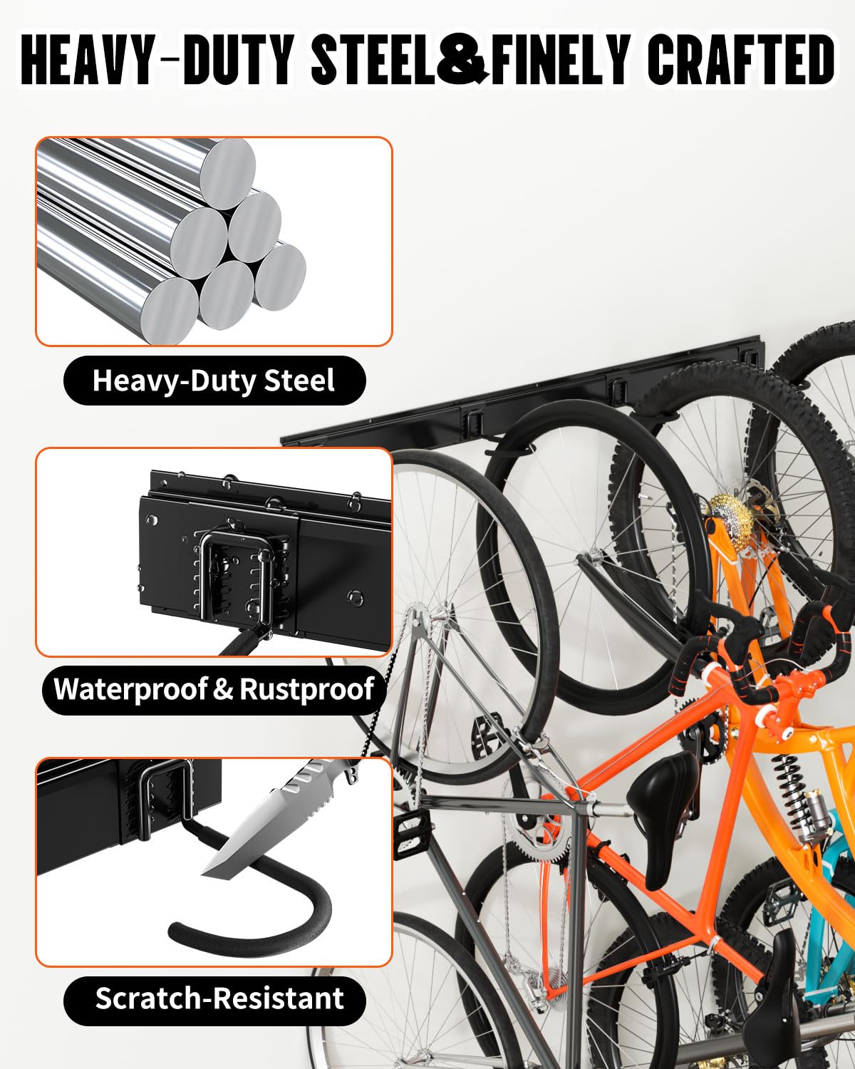 Wallavant Bike Rack Wall Mount, Bike Hooks for Garage Storage,Vertical Bike Hanger for Indoor Use, Holds Up to 300 lbs, Adjustable Hook System with 4 Hooks and 3 Rails,48 Inches, Black
