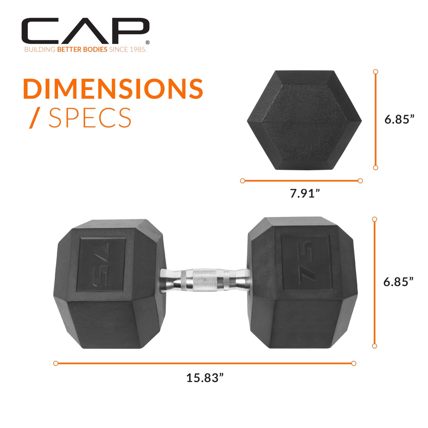 CAP 75 LB Rubber Coated Hex Dumbbell Weight, Rubber Free Weights for Home Gym Strength Training, Chrome Handle, Pair
