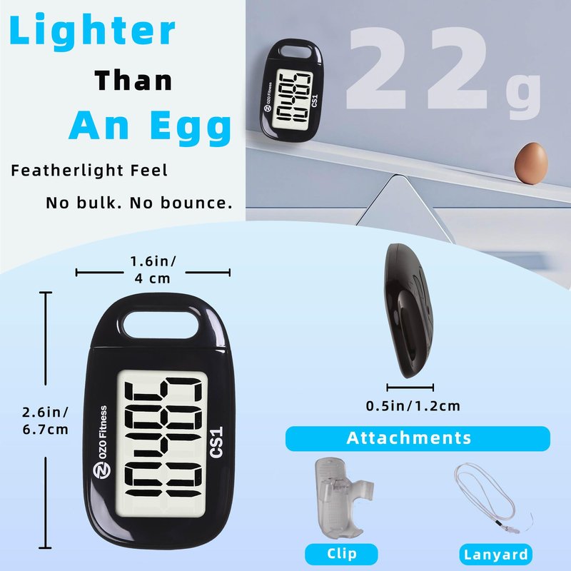 OZO Fitness Clip-on 3D Pedometer for Walking Steps Counter with Lanyard, Simple Exercise Tracker for Women and Seniors with Large Accurate Digital Display, Portable Minimalist Sports Monitor, Black