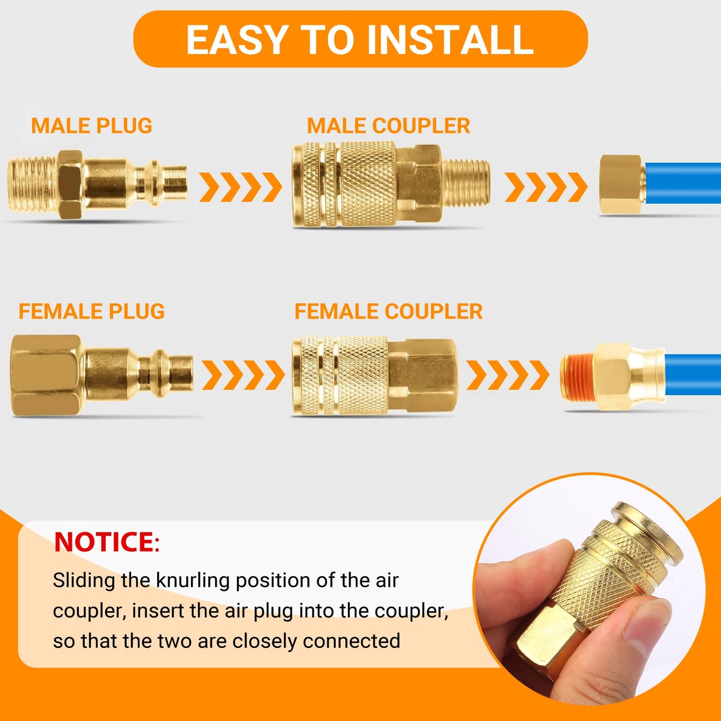 Paoeyrb 14 Pcs Brass Quick Connect Hose Fittings, Premium Air Hose Fittings, Coppering 1/4" Air Hose Fittings, Lightweight Air Compressor Quick Connect Fittings