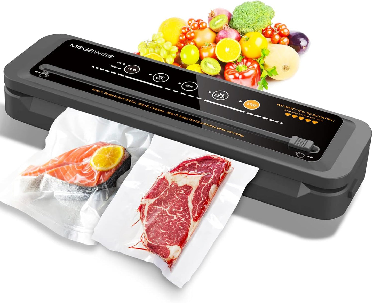 MEGAWISE Vacuum Sealer Machine - 2025 Model with Starter Kit, Dry & Moist Modes, Compact Design & 10 Bags