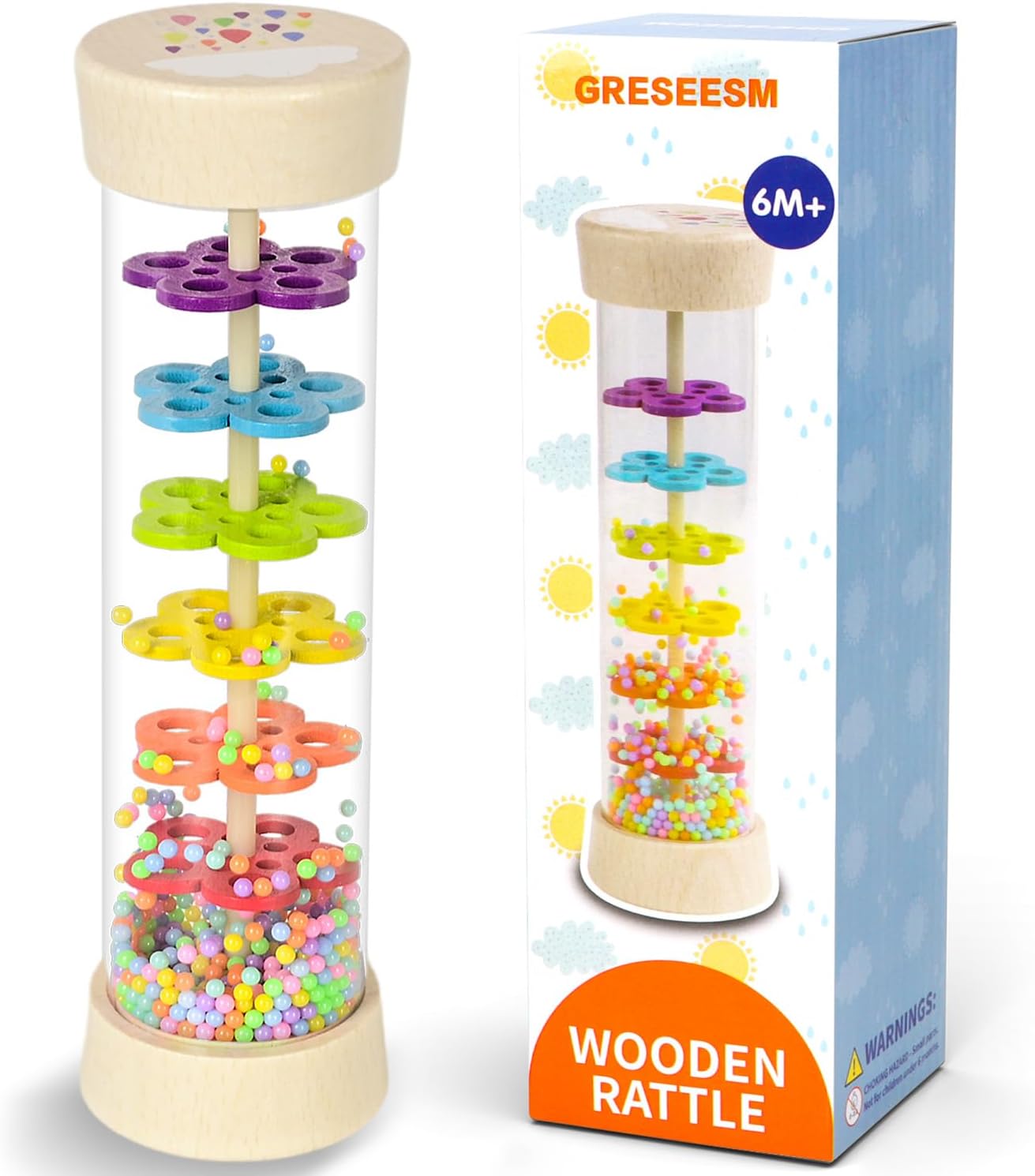Montessori Rain Stick | Wooden Sensory Baby Rattle - Musical Toy for Infants 6-12 Months, 7.7”
