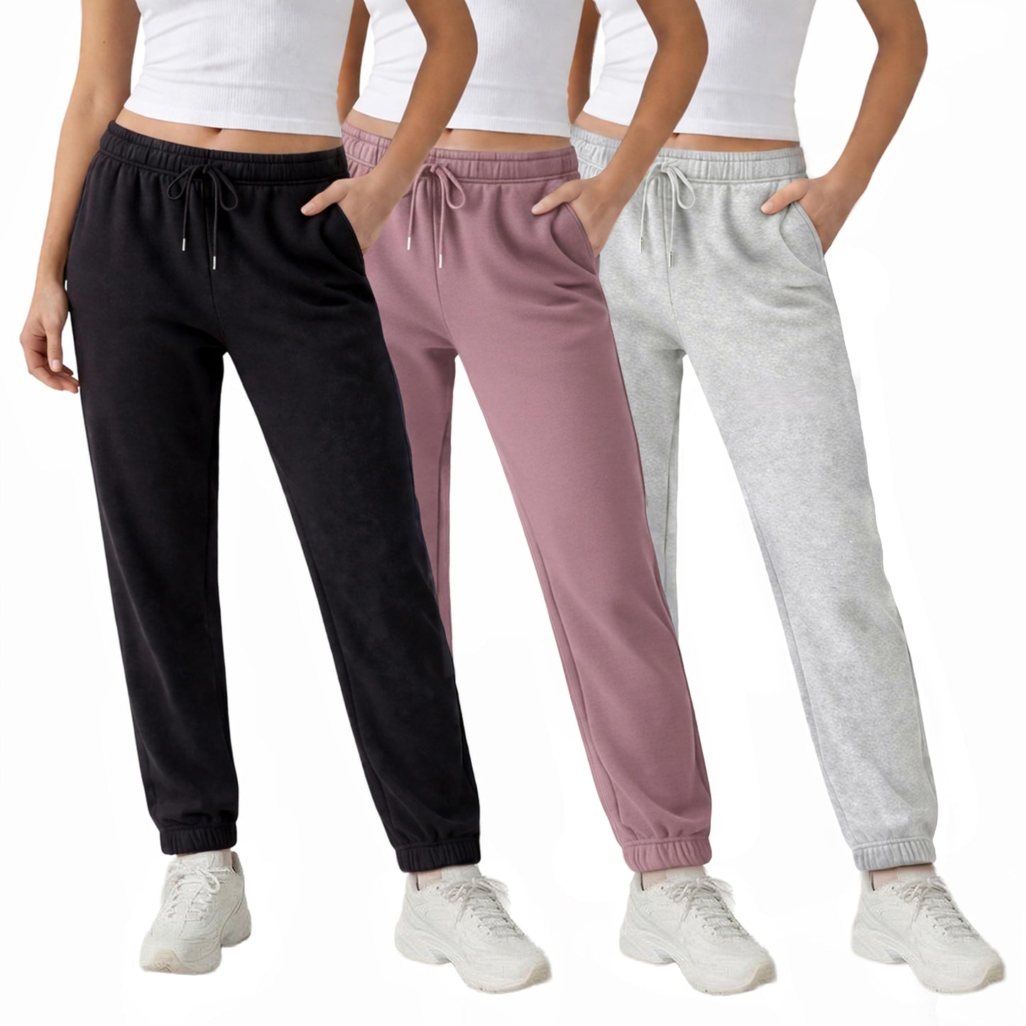 Common Stitch 3 Pack Fleece Elastic Cuff Joggers for Women — Deep Pockets, Tapered Fit, Elastic Drawstring Waist