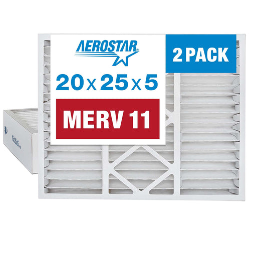 Aerostar 20x25x5 MERV 11 - 2 Count - Pleated HVAC, Furnace & Air Conditioner Filters - Removes Dust, Cold & Flu Germs, Lint, Mold, Pet Dander, Allergy-Causing Pollen, Smog & Smoke