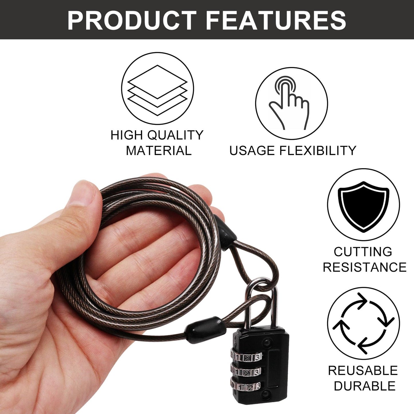 S SYDIEN Cable Lock Double Loops 6.6Ft Long Black Security Cable with Lock, Bike Locks Cables 2.5mm Braided Steel Coated Safety Cables Wire for Luggage, Outdoor, Clothesline (2 Pack)