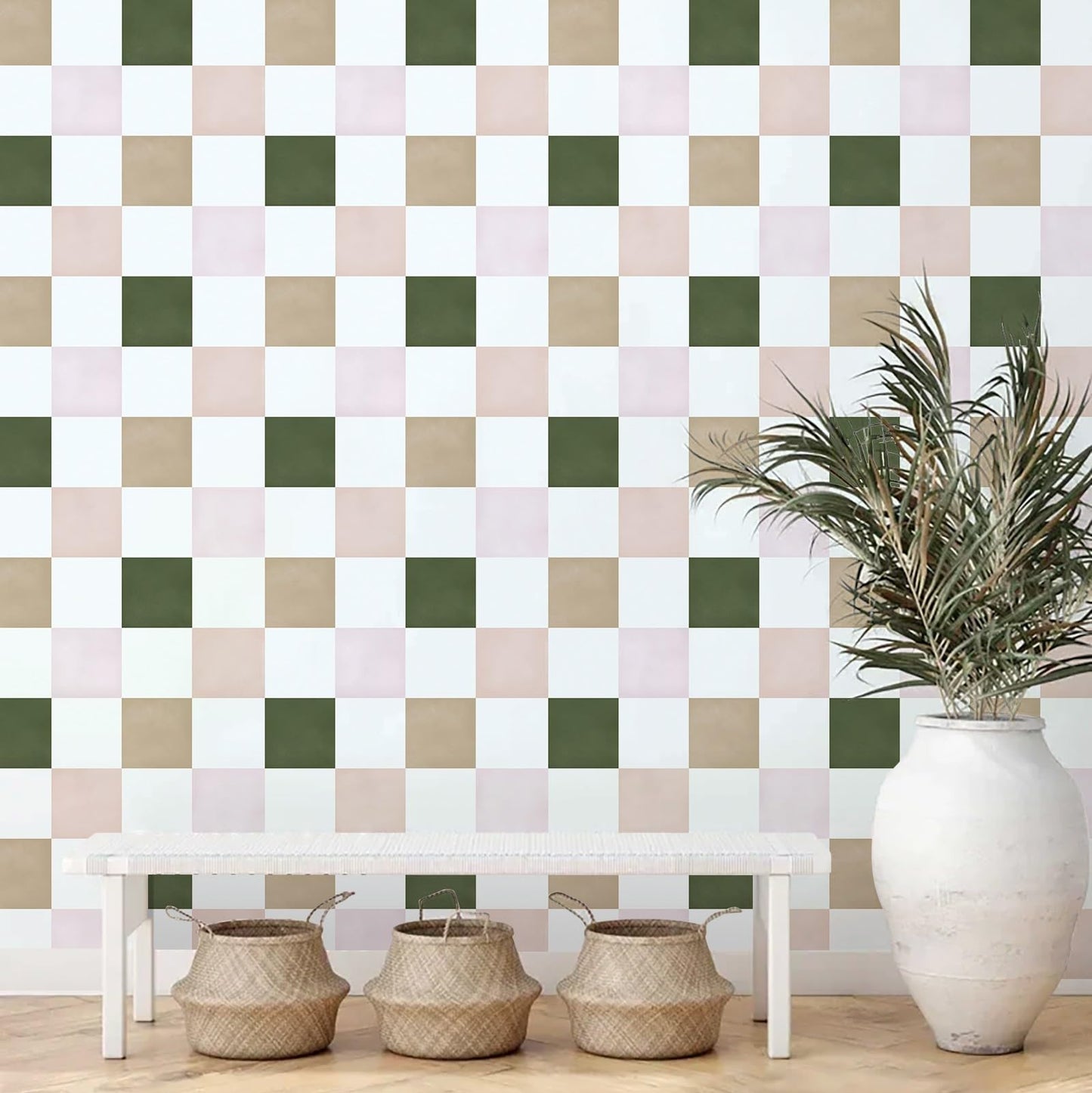 Ismoon Wall Paper Peel and Stick Modern Plaid Wallpaper 17.3" x 78.7" Green and White Mosaic Checkered Wallpaper Geometric Contact Paper for Bathroom Cabinets and Drawers Decor