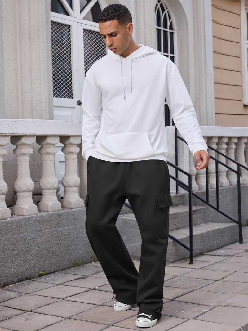 Men's Heavyweight Fleece Cargo Sweatpants Loose Fit Thick Wide Leg Sweats with Pockets(Black,XL)