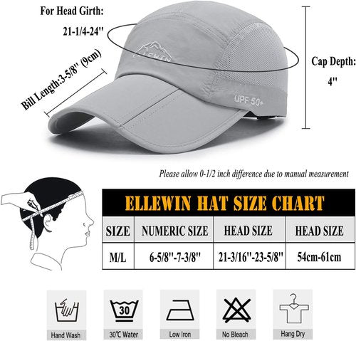 ELLEWIN Unisex Baseball Cap - Foldable Sports Hat with UPF 50+ Protection | 2 Pack