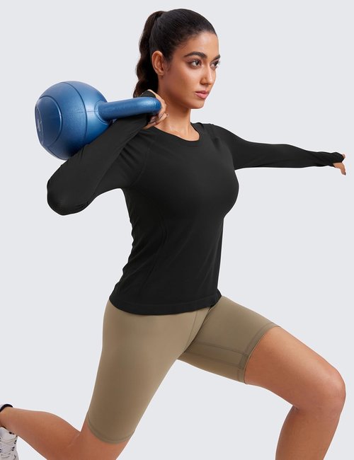 CRZ YOGA Seamless Long Sleeve Shirts for Women - Breathable Workout Tops | Waist Length Athletic Crewneck