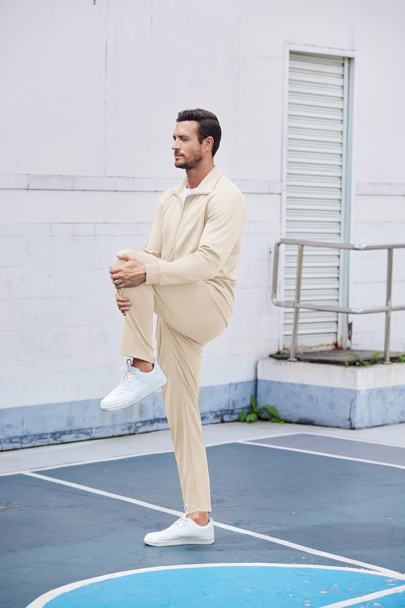 COOFANDY Men's Athletic 2 Pieces Tracksuit Long Sleeve Causal Full Zip Sweat Suit Lounge Set Running Activewear Cream 2XL