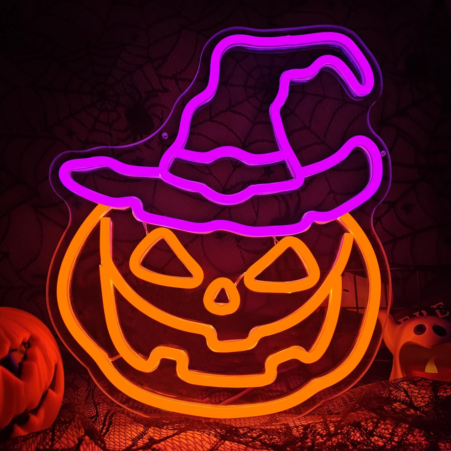 Halloween Neon Sign Dimmable Pumpkin Neon Sign for Wall Decor Halloween Pumpkin Neon Window Lights for Halloween Party Light Up Pumpkin Halloween Decor for Bedroom, Kids Room