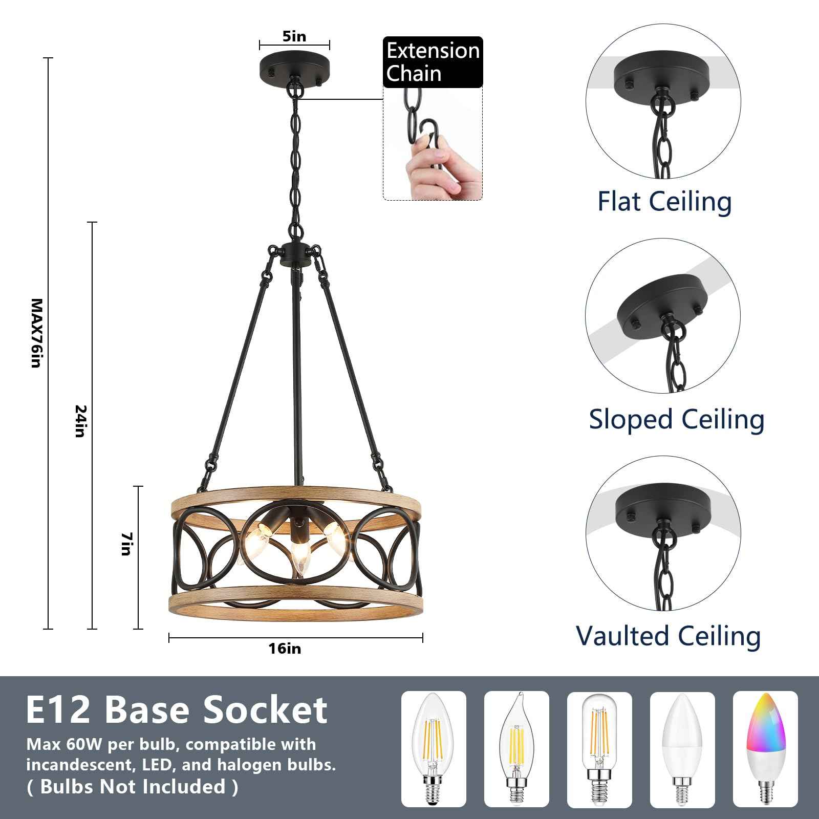 3WWWUEE 16‘’ Chandelier Farmhouse Style Black and Wood Hanging Light Fixture 3-Light Pendant Lighting with 47'' Height Adjustable Chain Dining Room, Living Room, Kitchen Island E12 Base - AJ9016P3WDBK