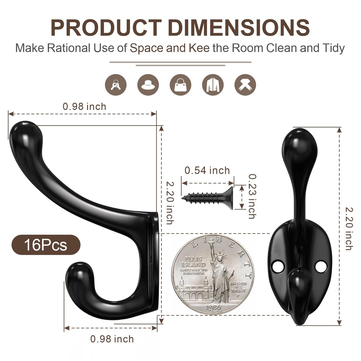 ZBDPOVT Coat Hooks, 16 Pack Black Metal Heavy Duty Screw-in Wall Hooks for Closet, Backpack, Bag, Clothes - Mounted Door Hooks for Classroom, Cubby Organization