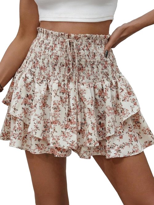 MATEAM Floral Skorts for Woman Ruffle Mini Skirt Running Flowy Athletic Shorts for Women 2026 Spring Trendy Causal Summer Gym Boho Outfits Apricot M